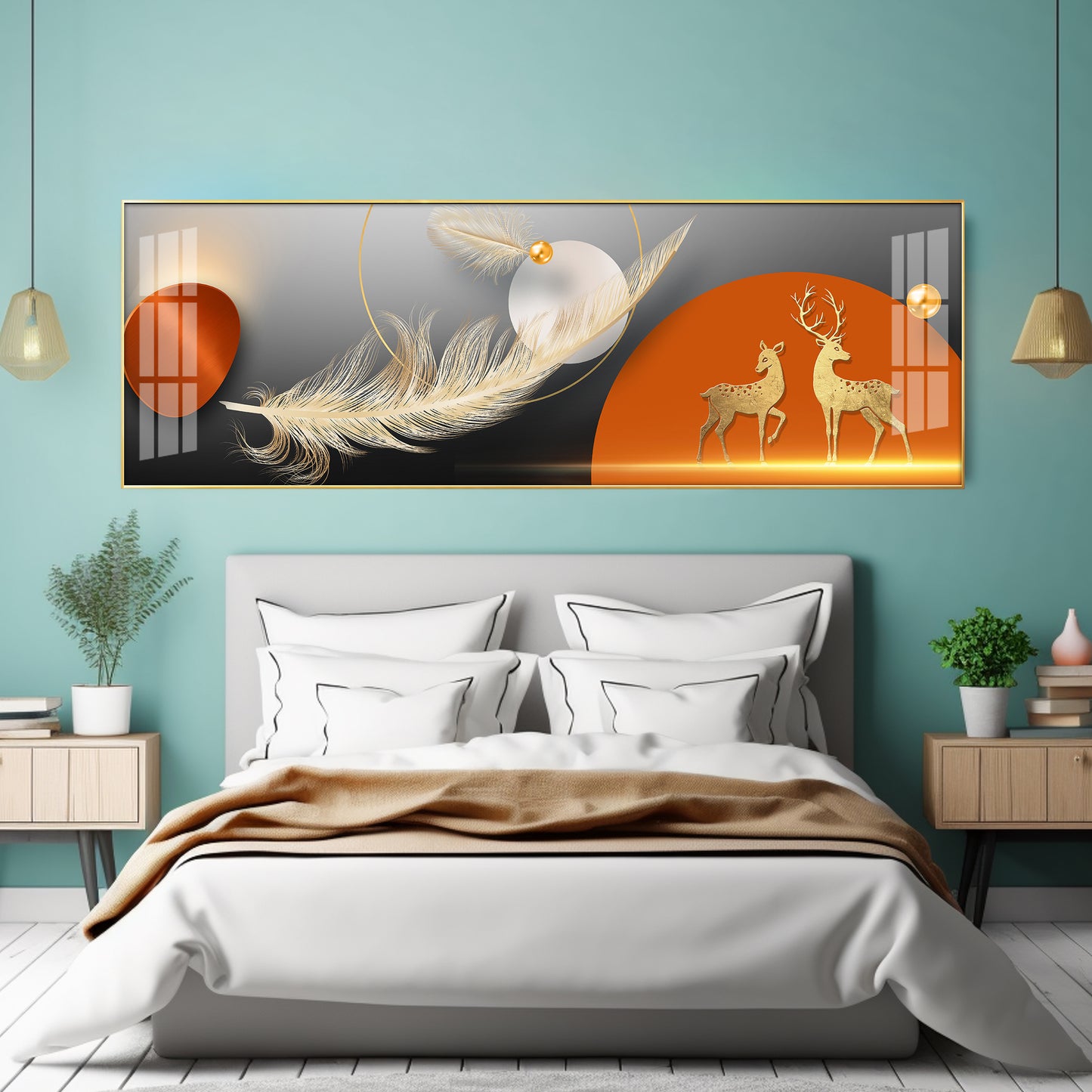 Golden Deers With Feathers Premium Acrylic Horizontal Wall Art