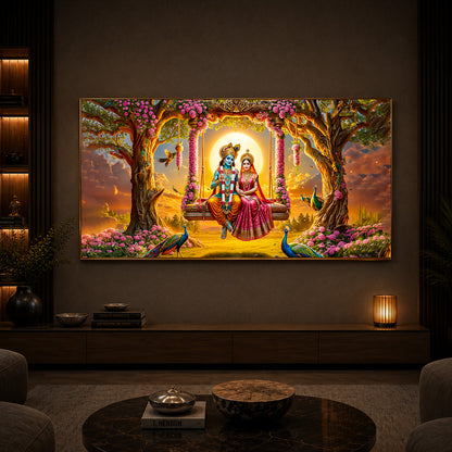 Loving Couple Lord Radha Krishna Modern Luxury Backlight Horizontal Wall Art