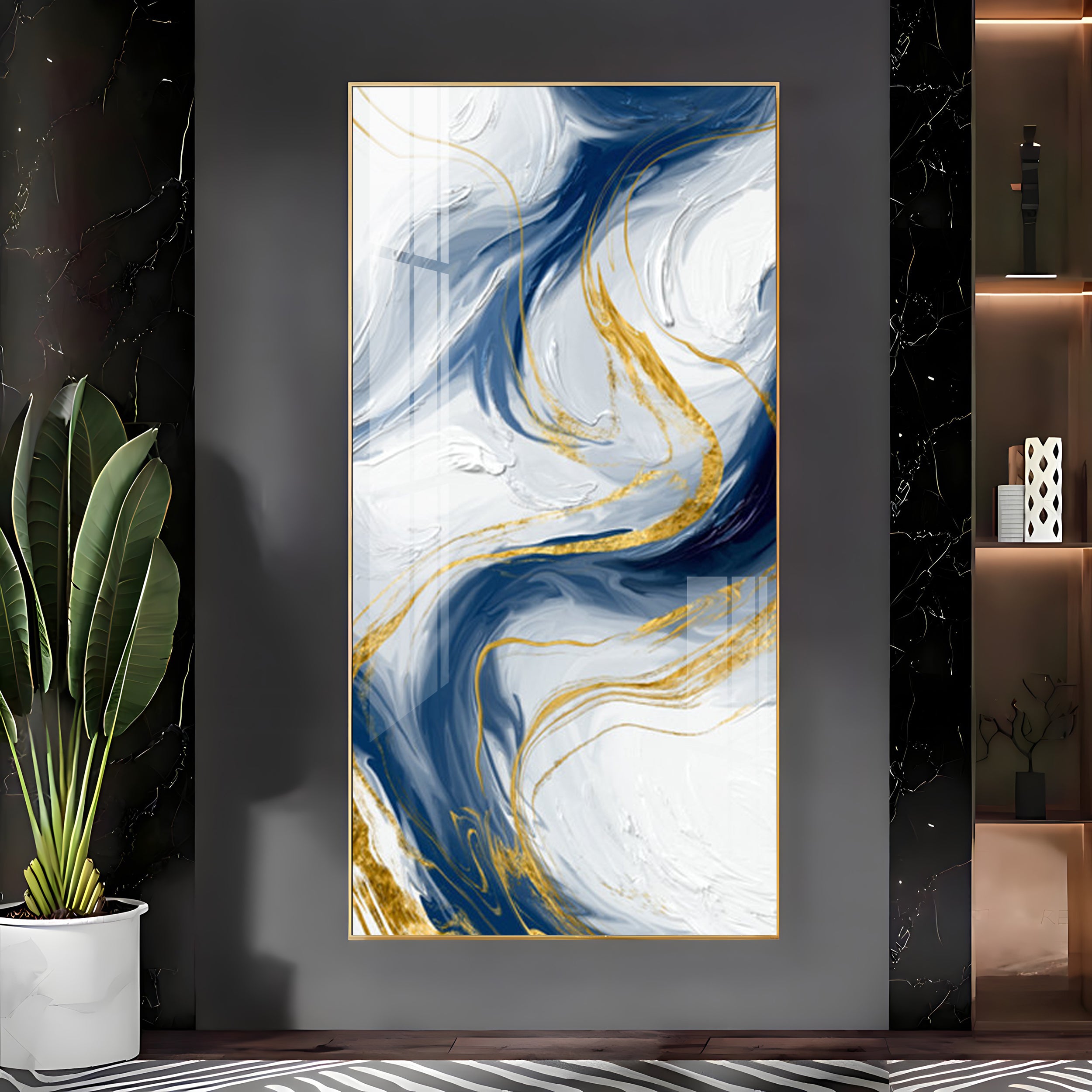 Abstract Blue Gold waves Premium Acrylic Vertical Wall Art