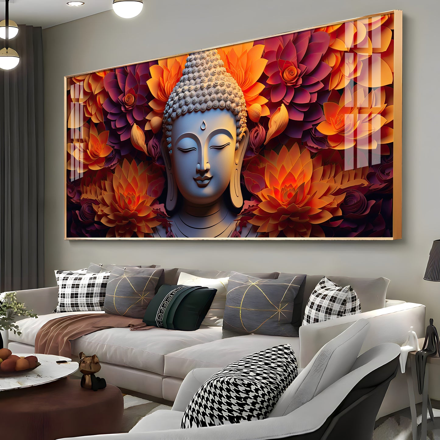 Buddha With Blooming Flower Premium Acrylic Horizontal Wall Art