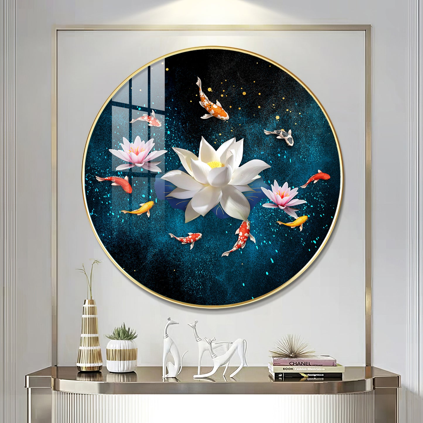 Lotus and Fish Premium Acrylic Round Wall Art