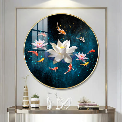 Lotus and Fish Premium Acrylic Round Wall Art