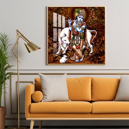 Beautiful Lord Krishna With Cow Premium Acrylic Square Wall Art