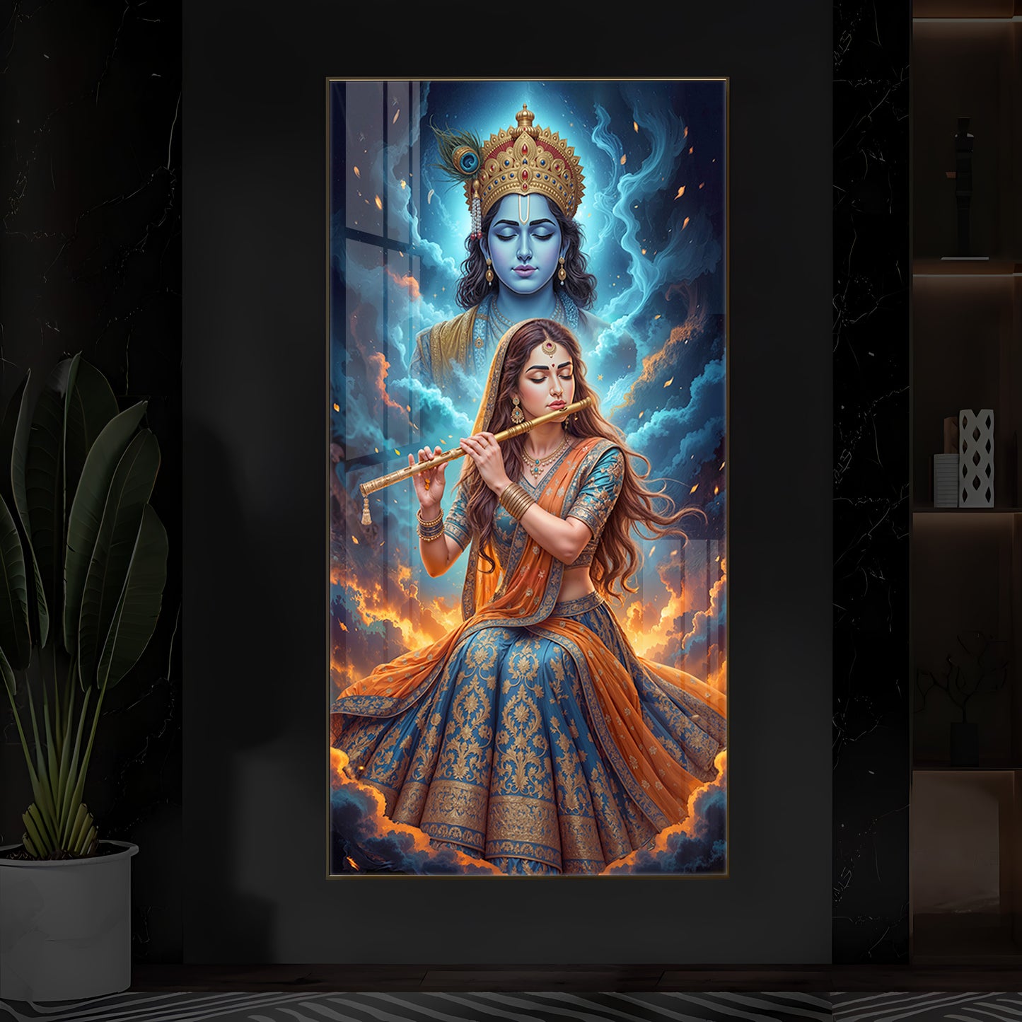 Radhe Krishna Colorful Modern Luxury Backlight Vertical Wall Art
