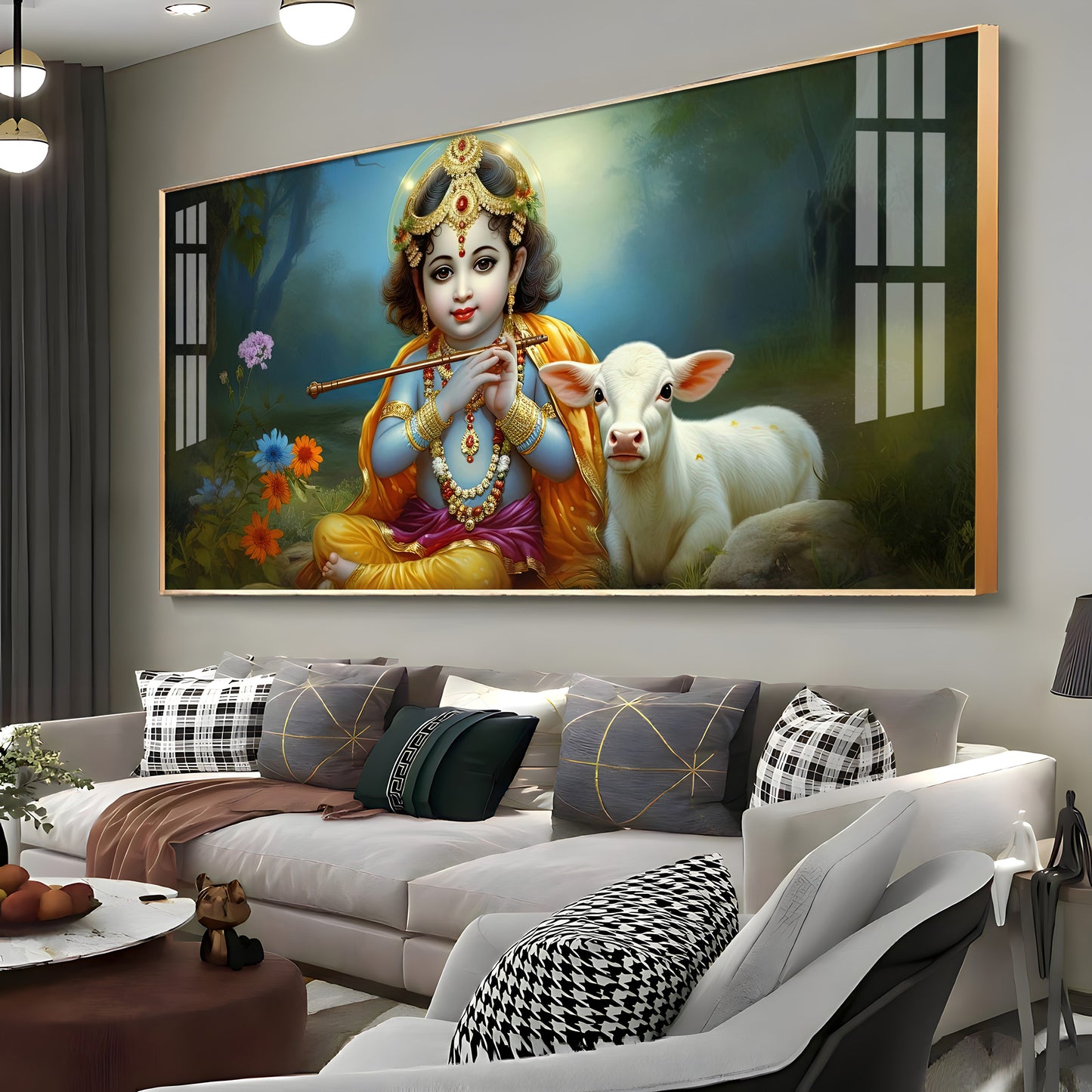 Little Krishna With Bansuri & Cow Premium Acrylic Horizontal Wall Art