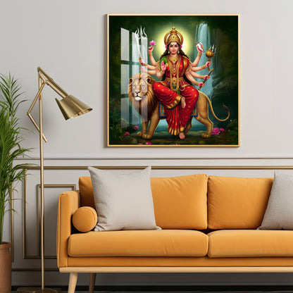 Divine Majesty Of Goddess On Tiger Premium Acrylic Square Wall Art