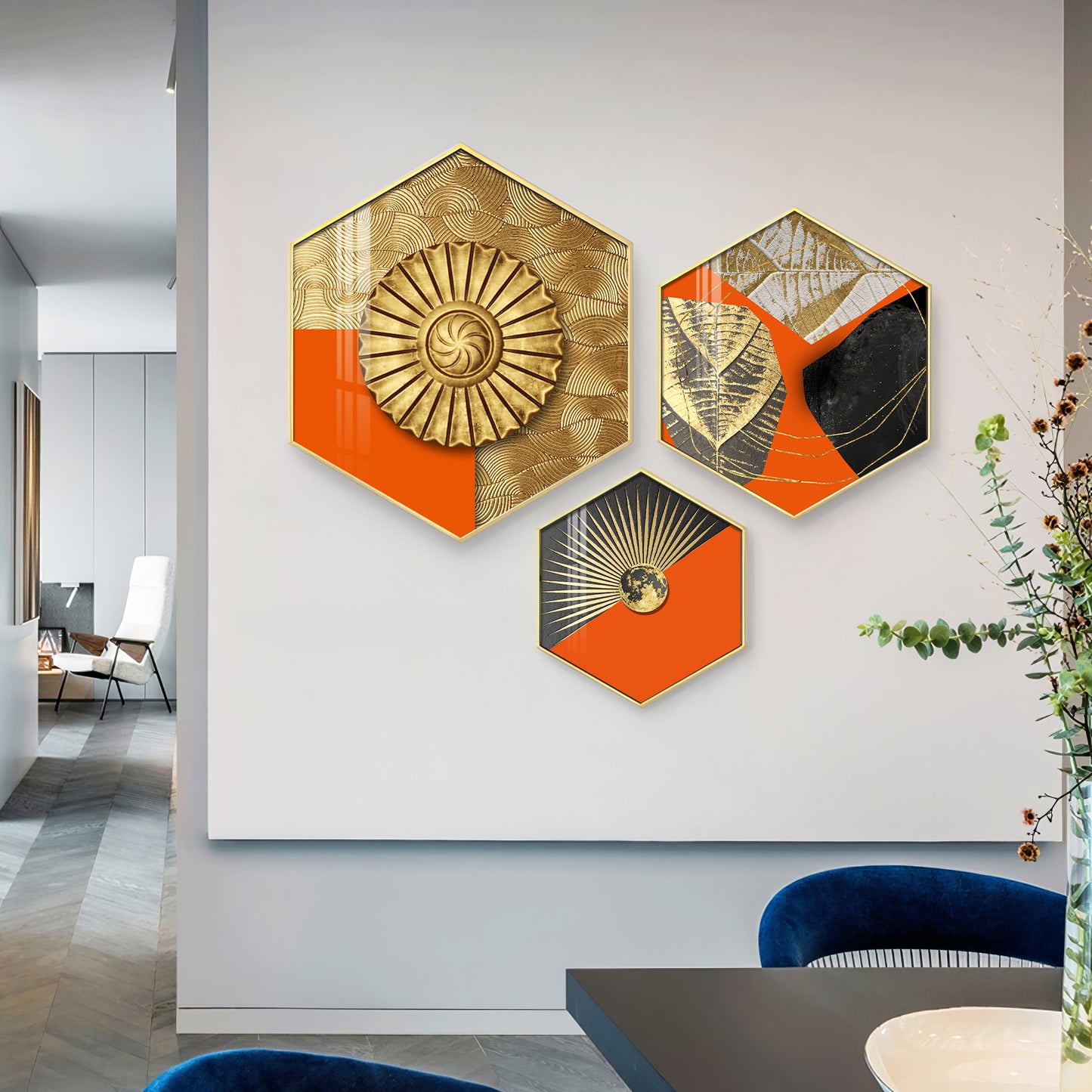 Gold & Orange Accents Premium Acrylic Hexagon Wall Art (Set of 3)