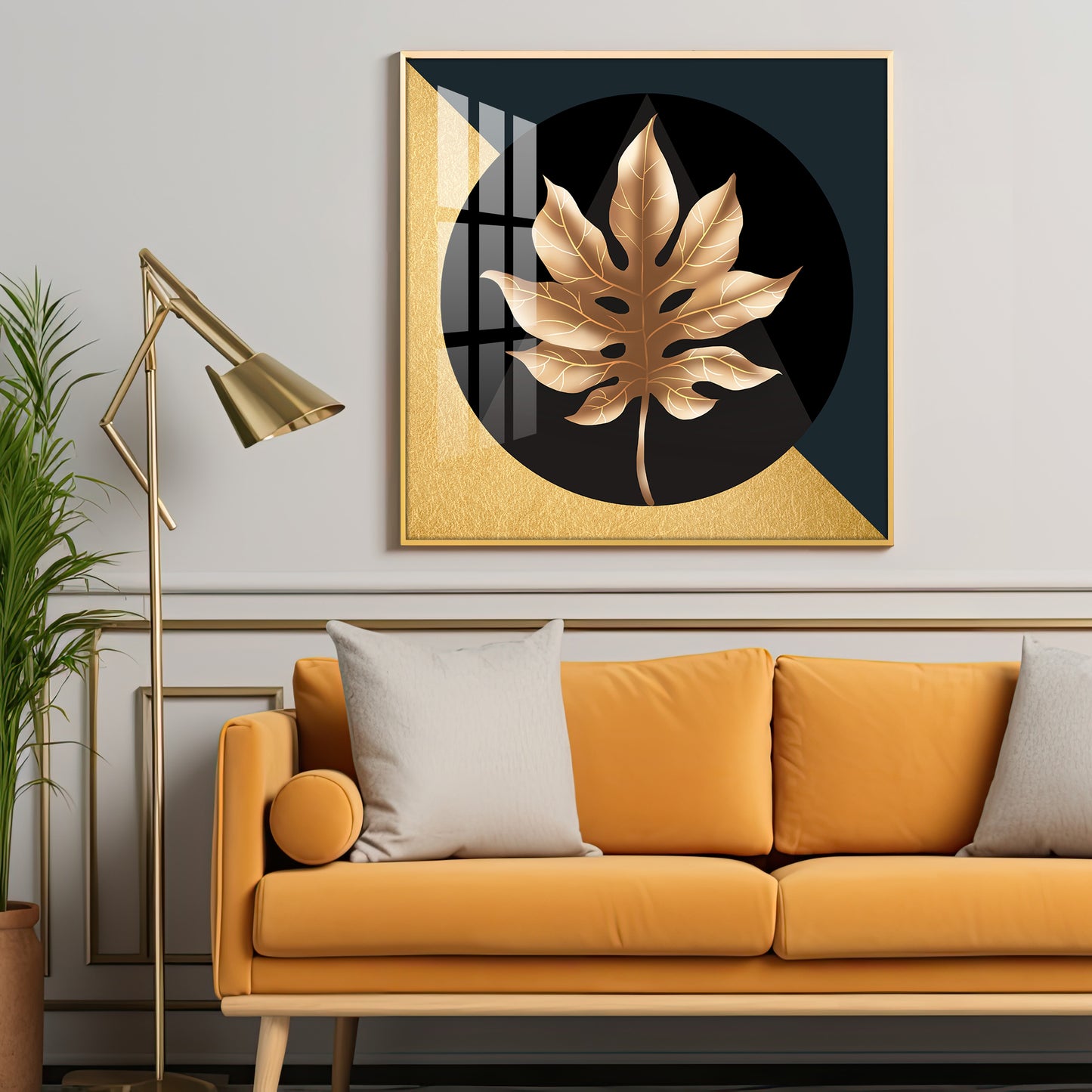 Golden Fall Leaf Luxury Crystal Square Wall Art