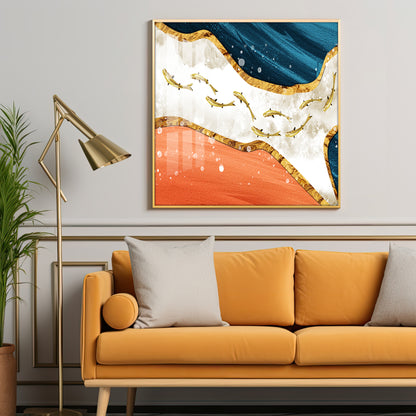 Golden Koi Fishes Swimming Luxury Crystal Square Wall Art