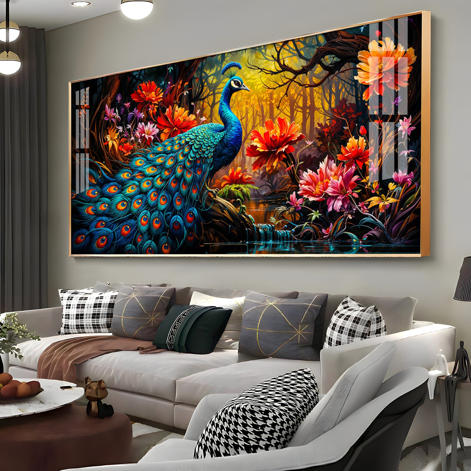 Surreal Peacock With Red Blossom Premium Acrylic Horizontal Wall Art