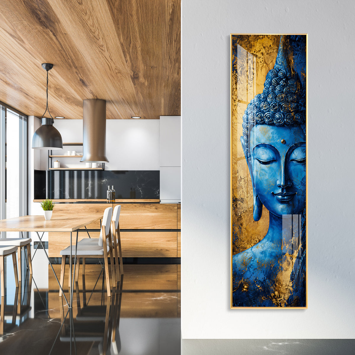 Blue and Gold Meditating Buddha Premium Acrylic Vertical Wall Art