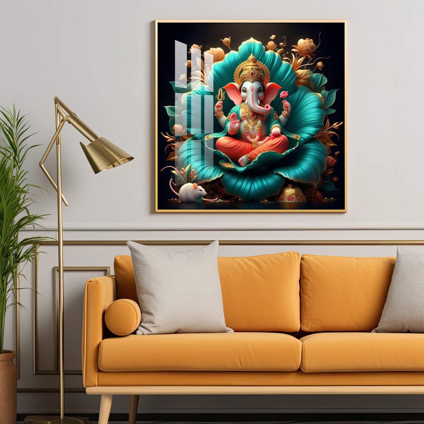 Lord Ganesh Lotus Serenity Premium Acrylic Square Wall Art