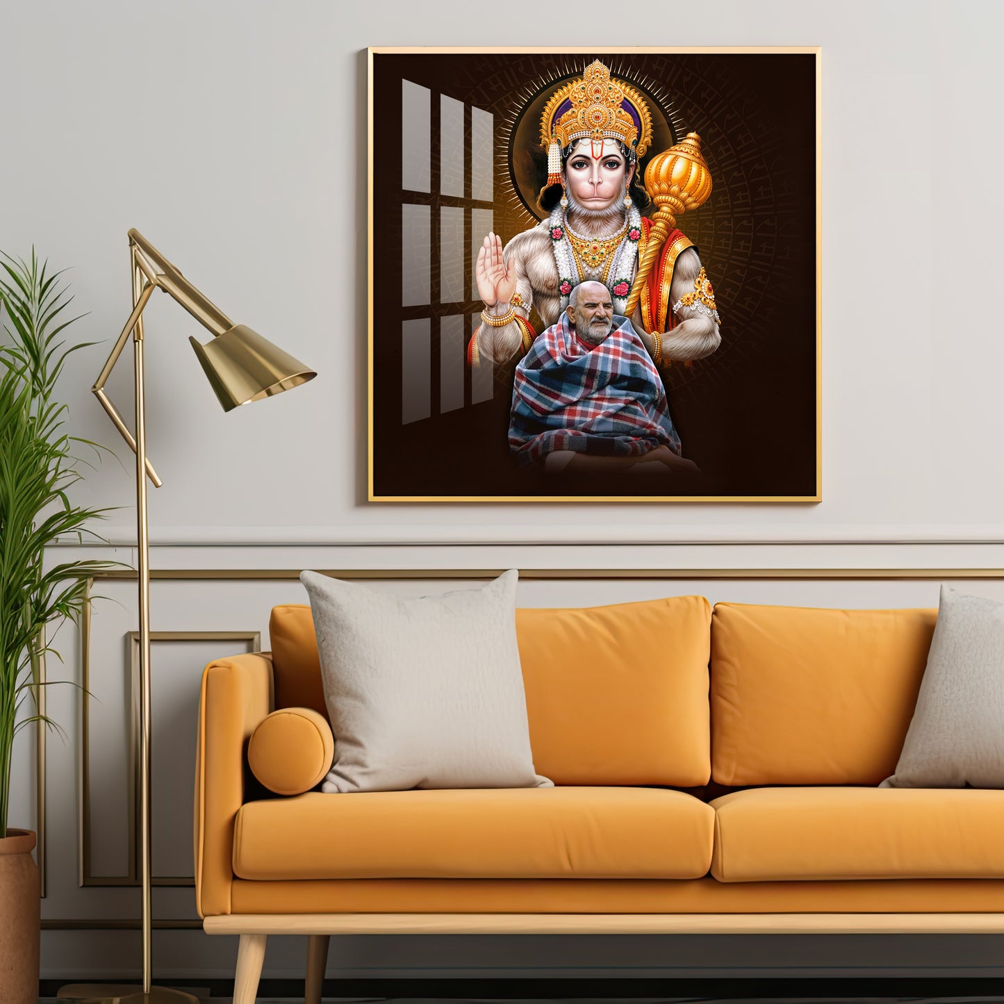 Lord Hanuman Ji and Need Karoli Baba Premium Acrylic Square Wall Art