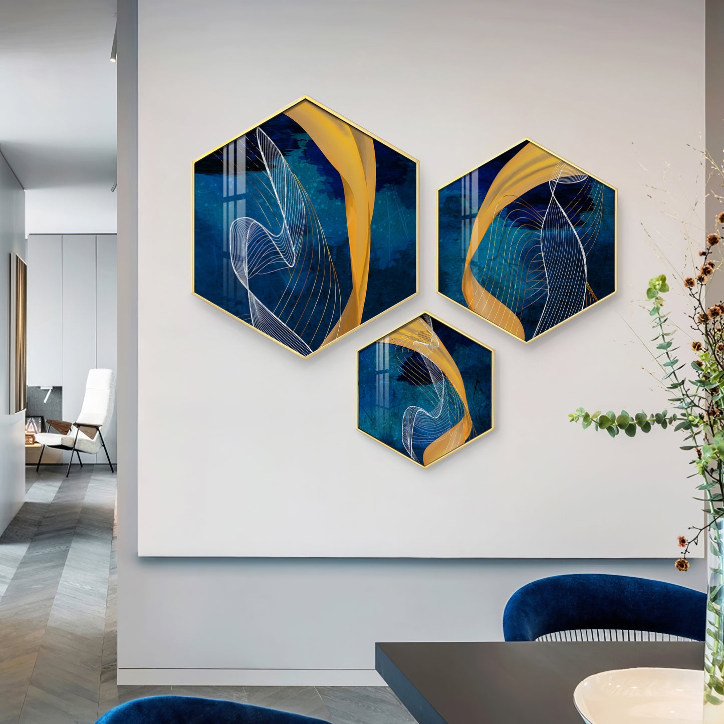 Asatic Wave Premium Acrylic Hexagon Wall Art (Set of 3)