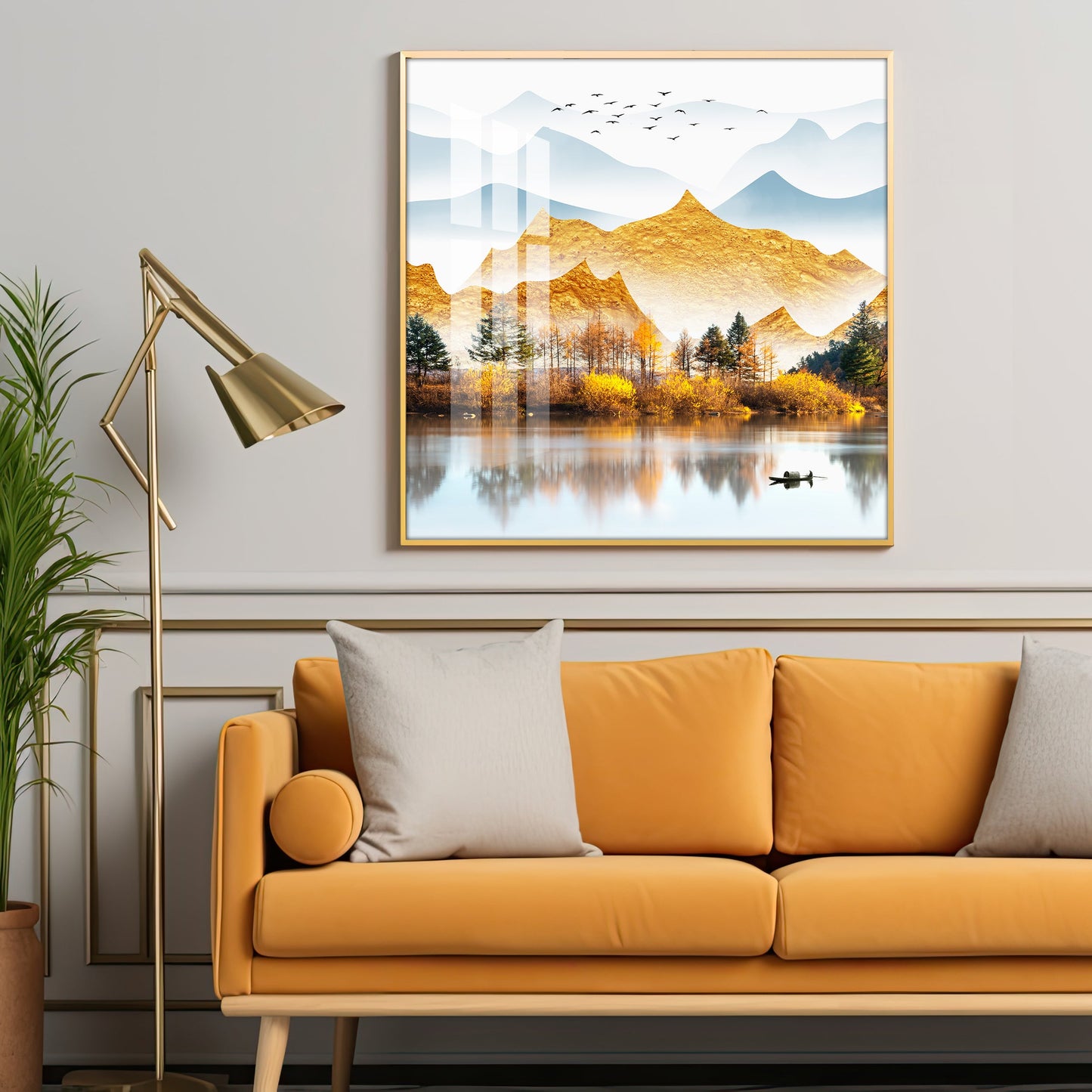 Sun Kissed Mountains Premium Acrylic Square Wall Art - 24X24 inches / Gold
