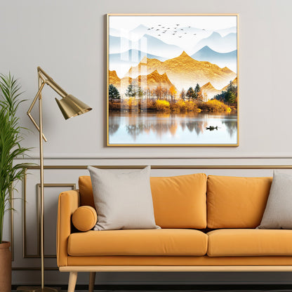 Sun Kissed Mountains Premium Acrylic Square Wall Art - 24X24 inches / Gold