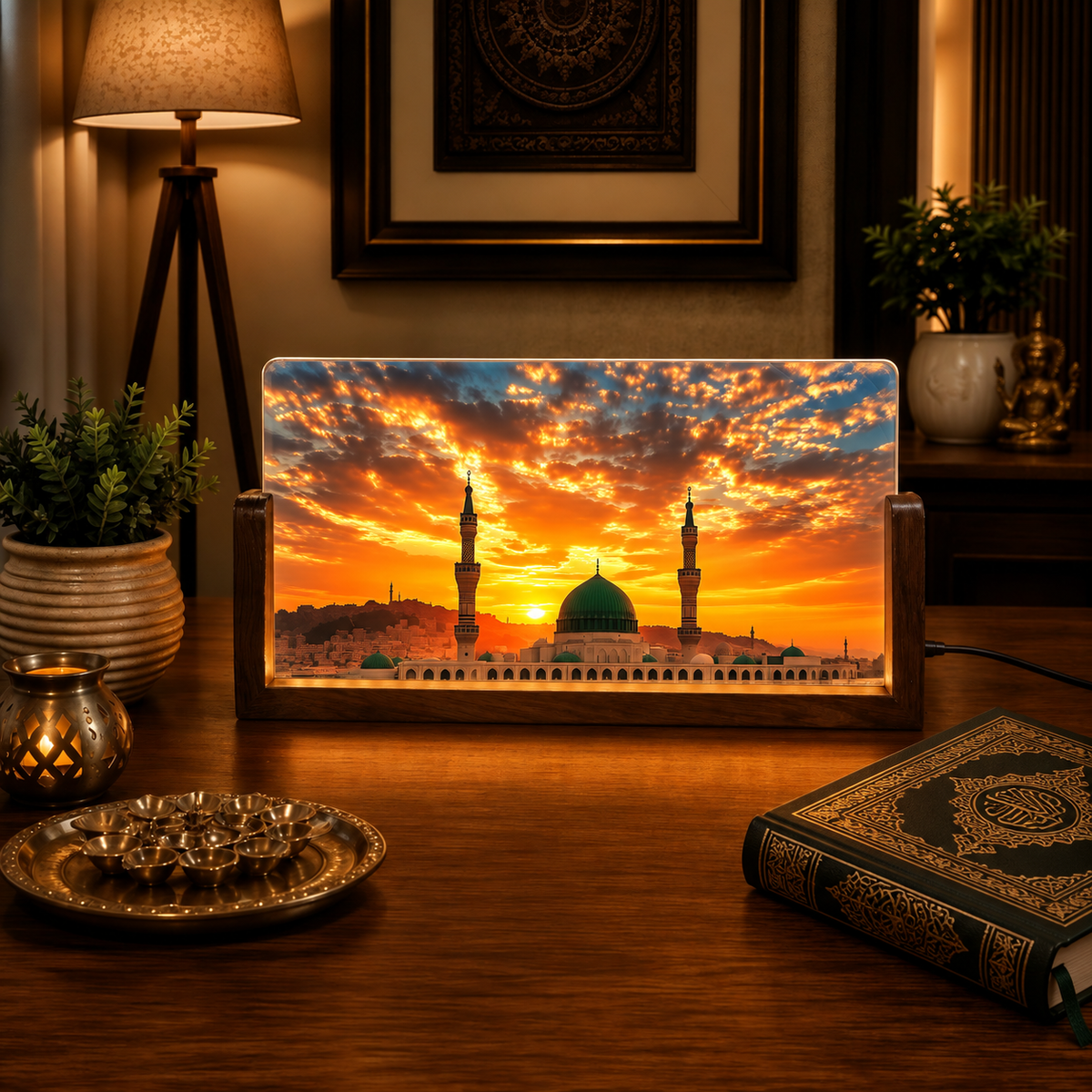 Holy Madina Sharif Acrylic LED Table Lamp - Wooden Stand