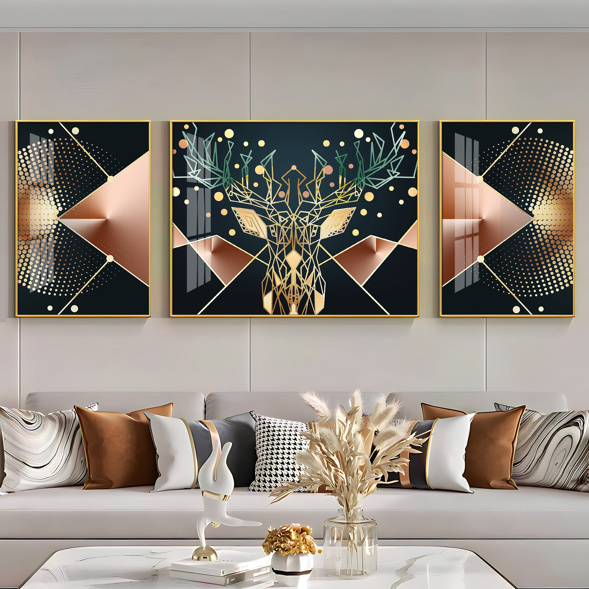 Golden Deer Mural Premium Acrylic Wall Art (Set of 3)