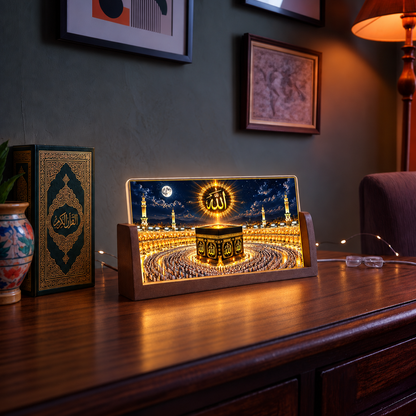 Glowing Allah & Kaaba Acrylic LED Table Lamp - Wooden Stand