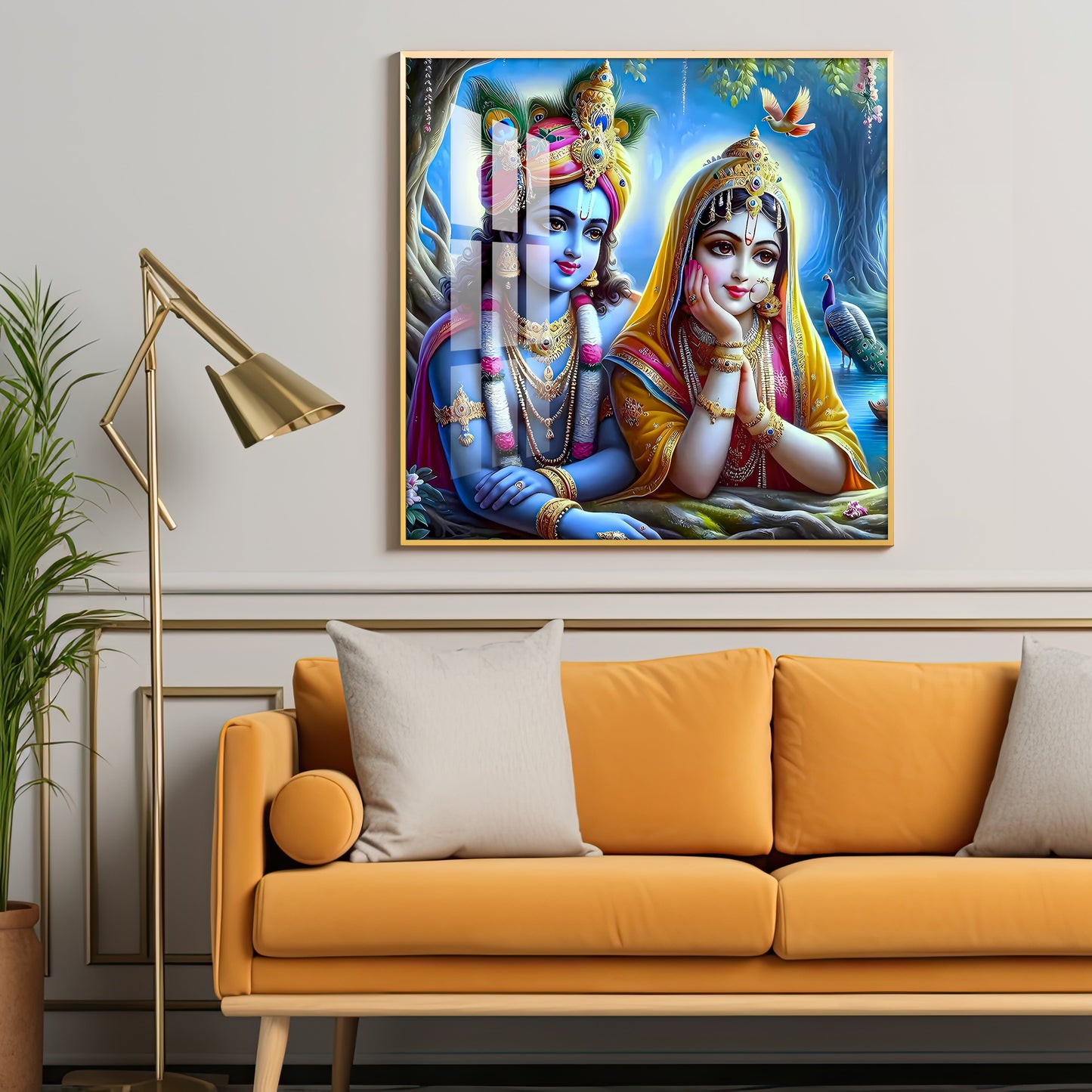 Radha Krishna In Vatika Premium Acrylic Square Wall Art