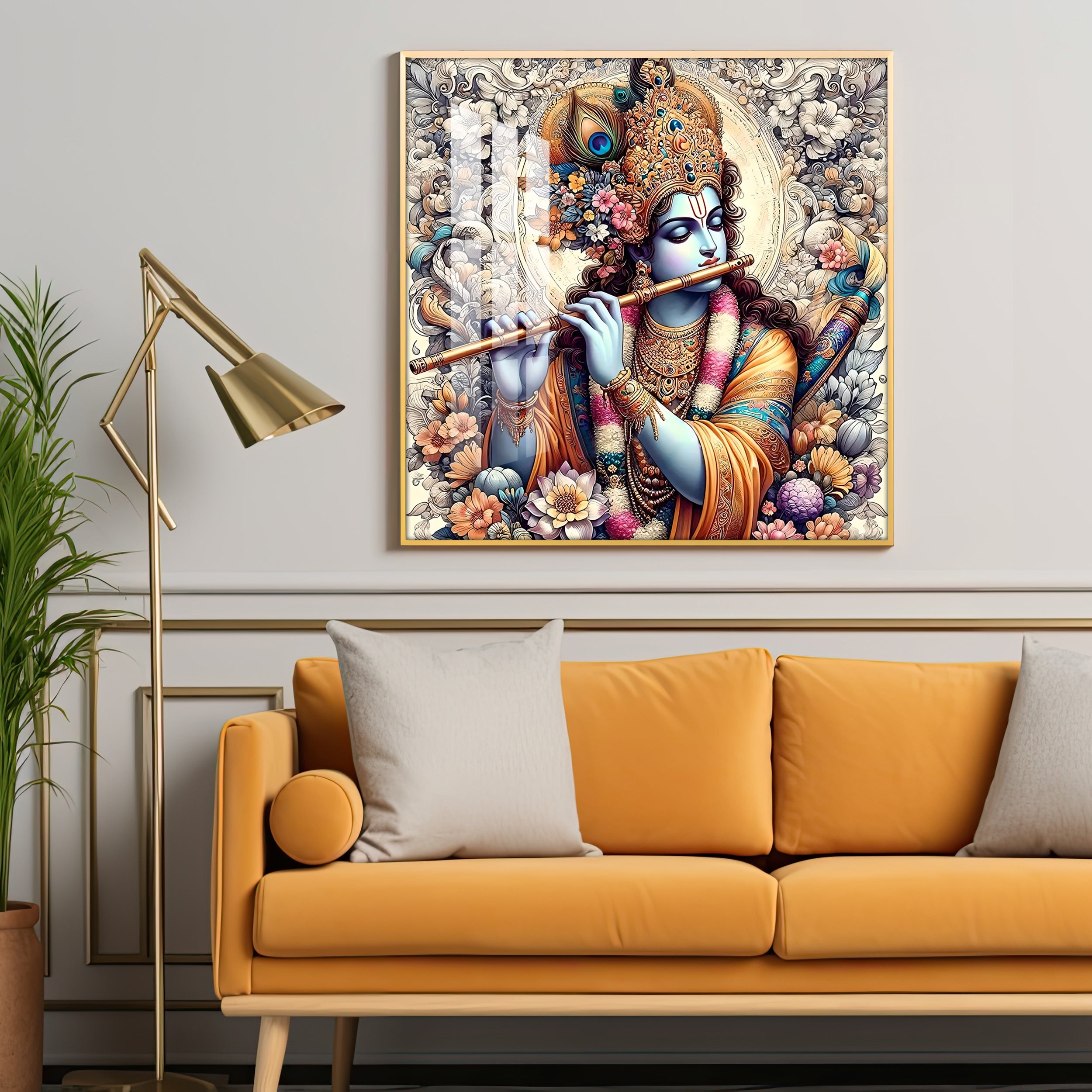 Lord Krishna With Flute Premium Acrylic Square Wall Art
