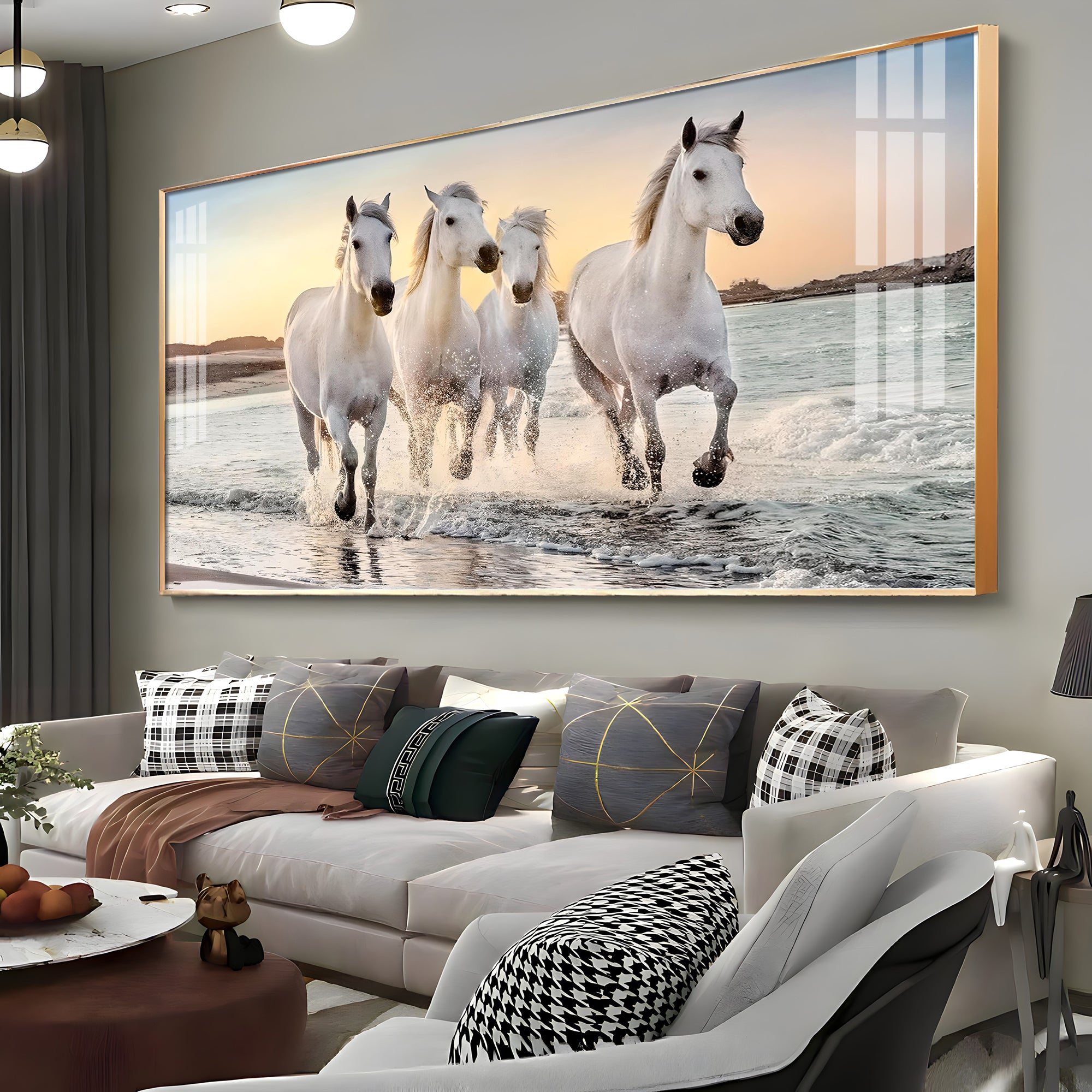 White Running Horses in The Sea Premium Acrylic Horizontal Wall Art