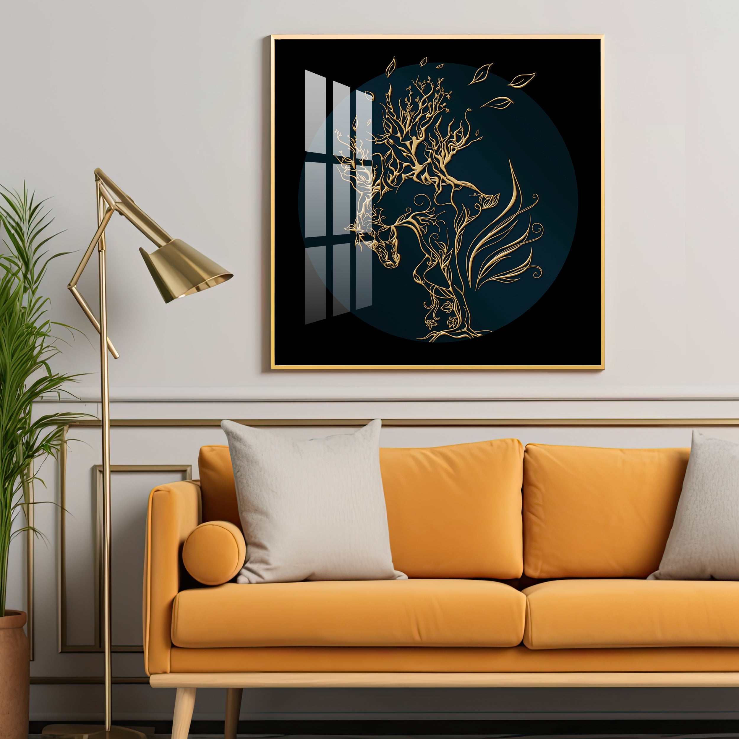 Golden Horse Lines Abstract Premium Acrylic Square Wall Art