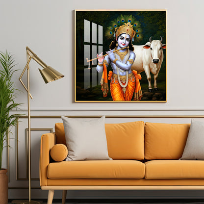 Krishna With The Cow Premium Acrylic Square Wall Art