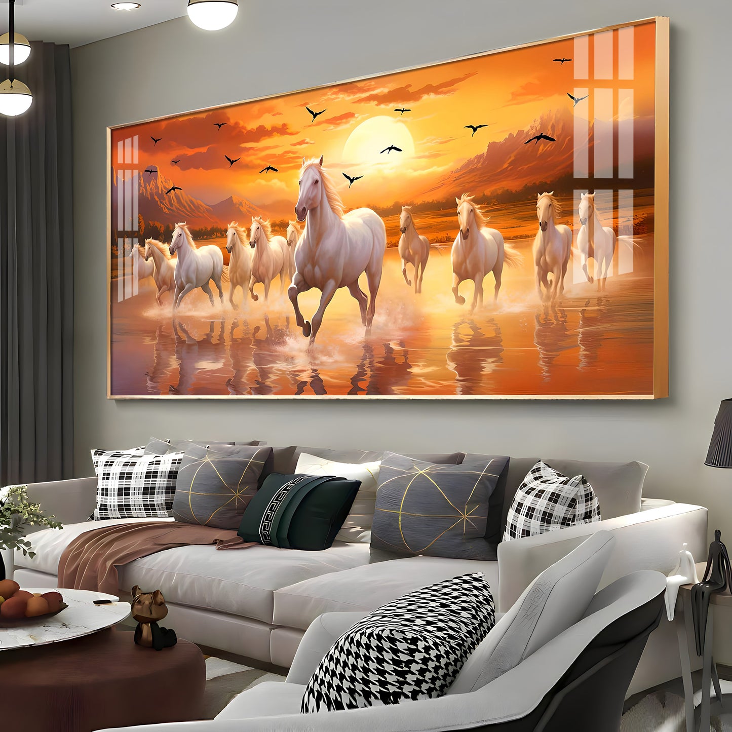 White Running Horses With Sunrise Premium Acrylic Horizontal Wall Art