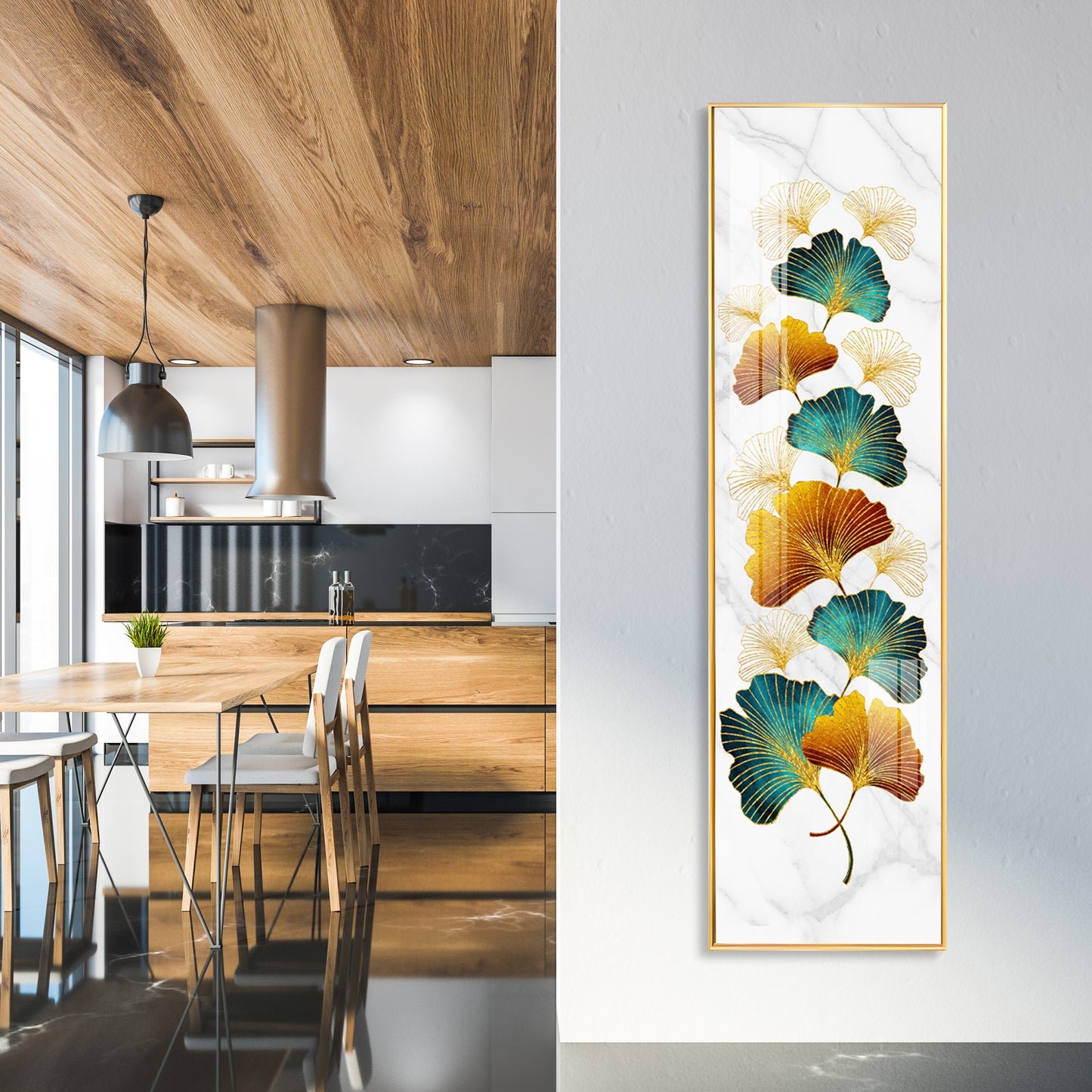 Golden Green Leaves Premium Acrylic Vertical Wall Art