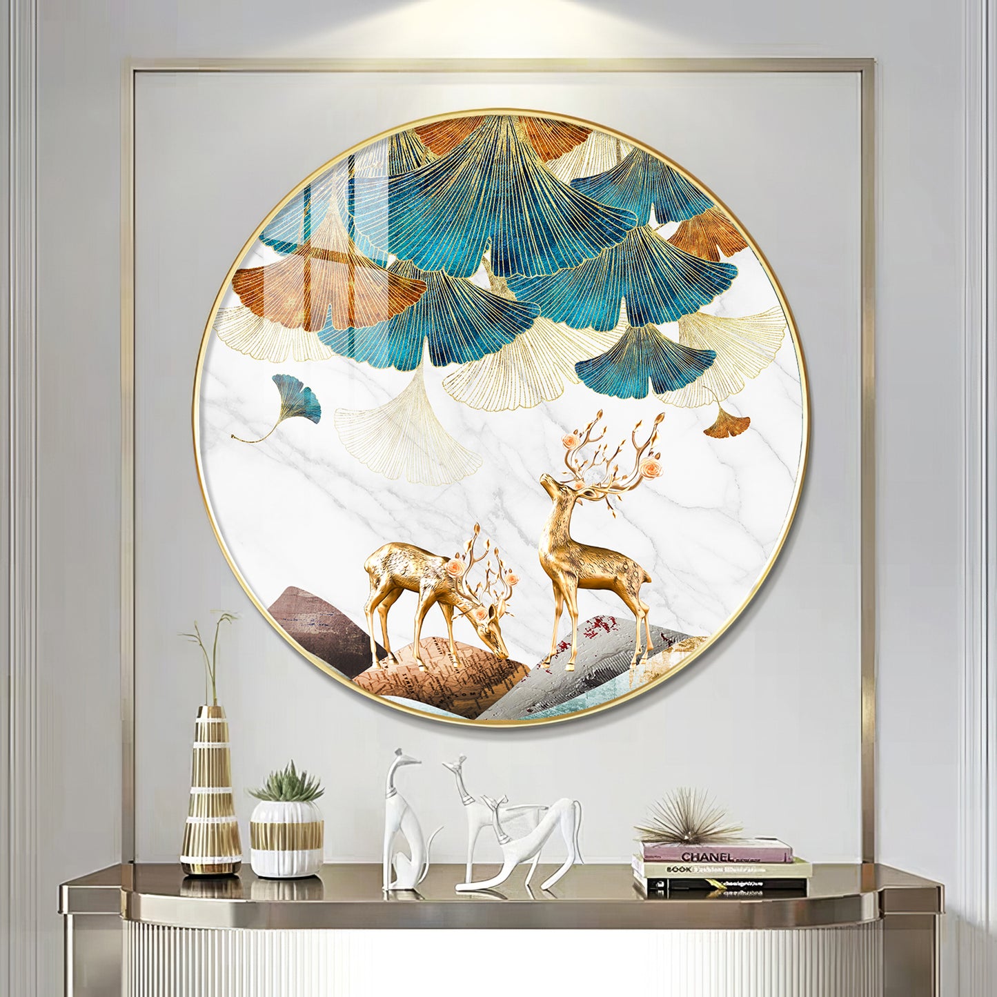 Deer and Leaves Premium Acrylic Round Wall Art