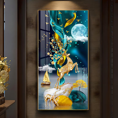 Elegant Golden Deer Chinese Zenstore with Golden Deer Luxury Crystal Wall Art