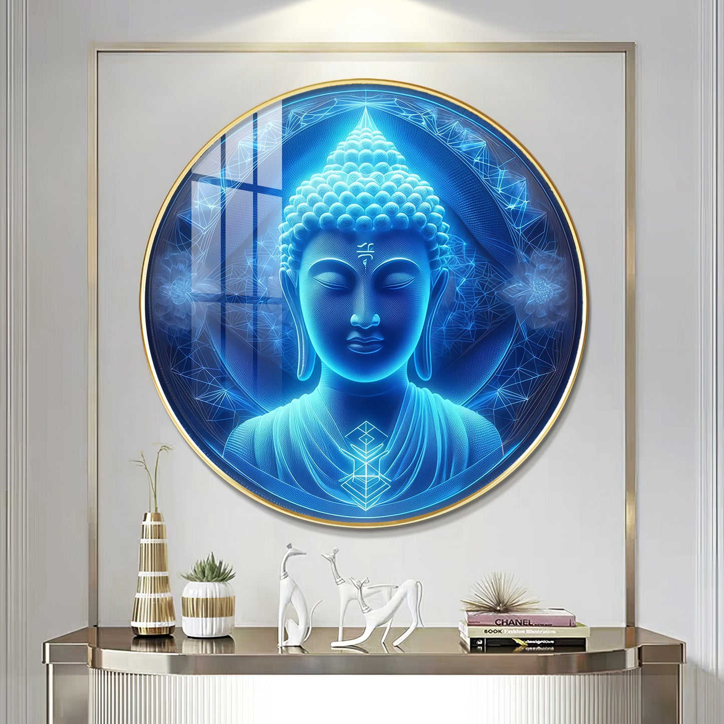 Sacred Buddha In Blue Premium Acrylic Round Wall Art