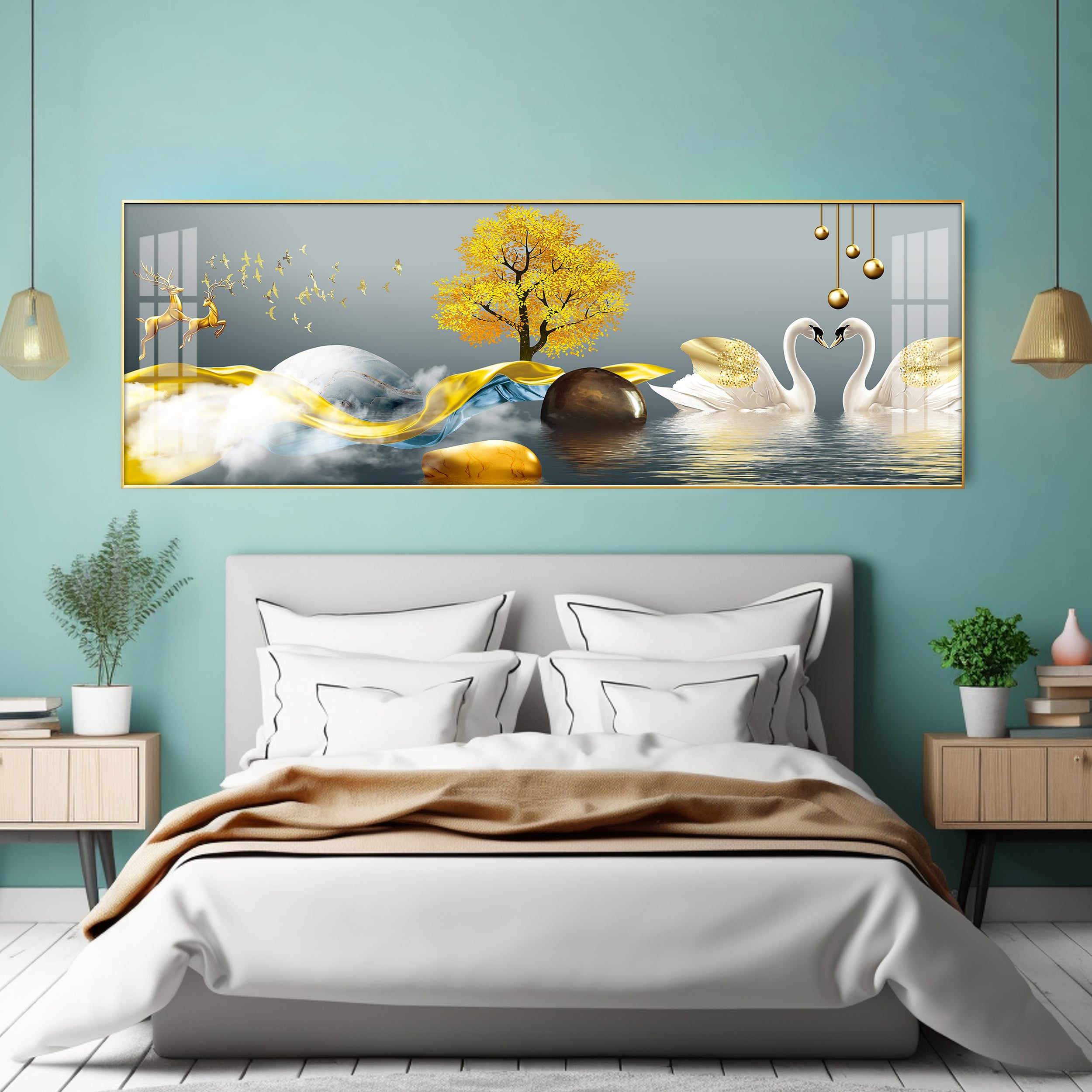 Loving Deers and Swans Premium Acrylic Horizontal Wall Art