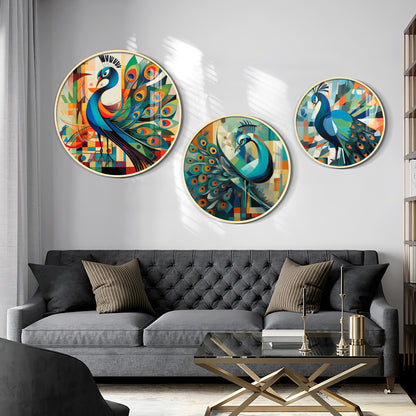 Colorful Peacock Abstract Premium Acrylic Round Wall Art (Set of 3)