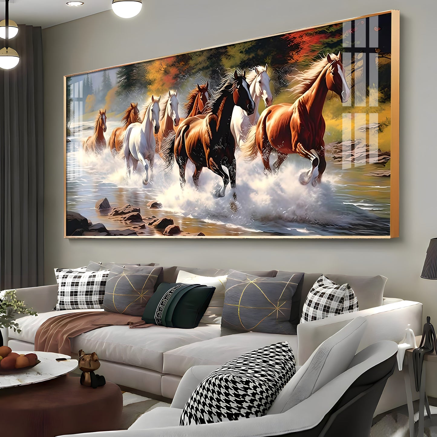 Running Horses in River Premium Acrylic Horizontal Wall Art