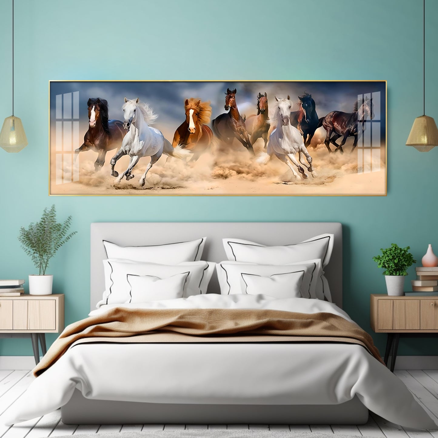 Lucky Running Horses In Desert Premium Acrylic Horizontal Wall Art