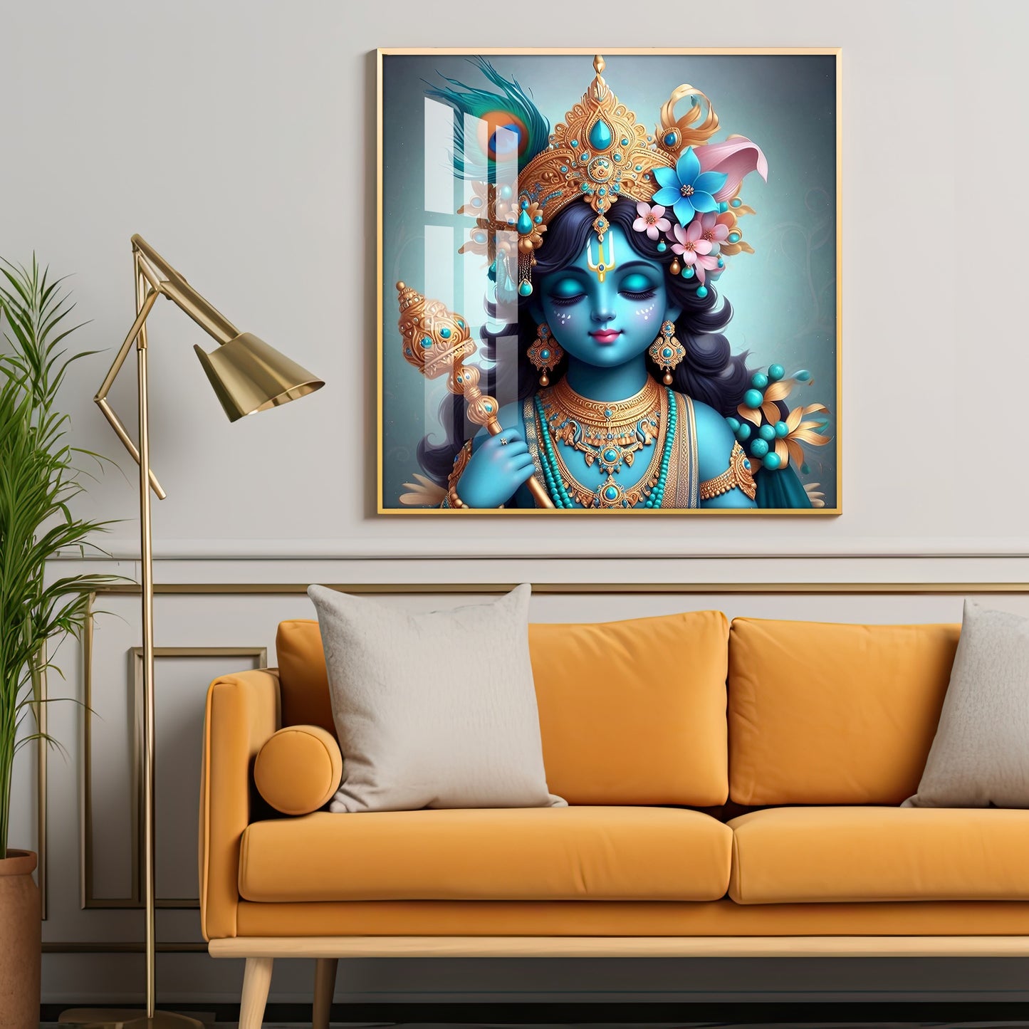 Beautiful Lord Krishna with Flute Premium Acrylic Square Wall Art