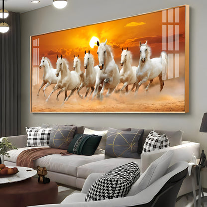 White 7 Running Horses Premium Acrylic Horizontal Wall Art