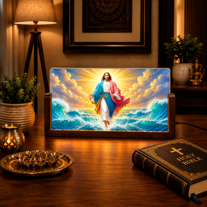 Divine Jesus Acrylic LED Table Lamp - Wooden Stand