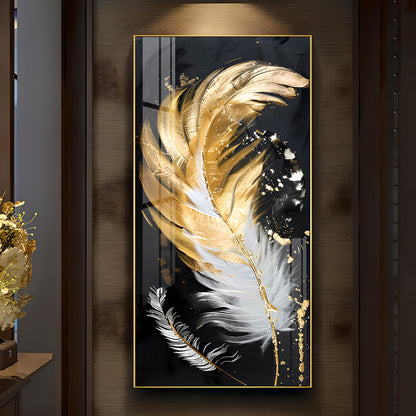 White & Golden Feather Luxury Crystal Vertical Wall Art