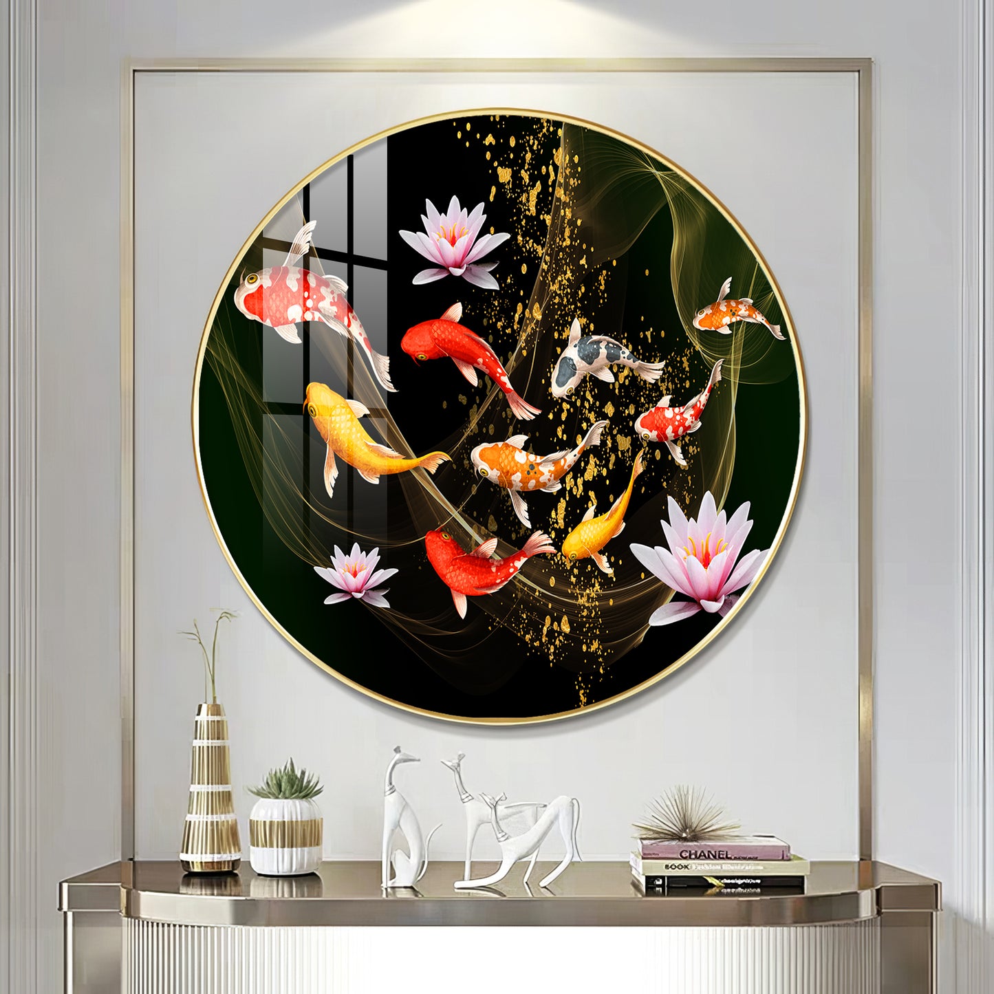 Colorful Koi In Motion Premium Acrylic Round Wall Art