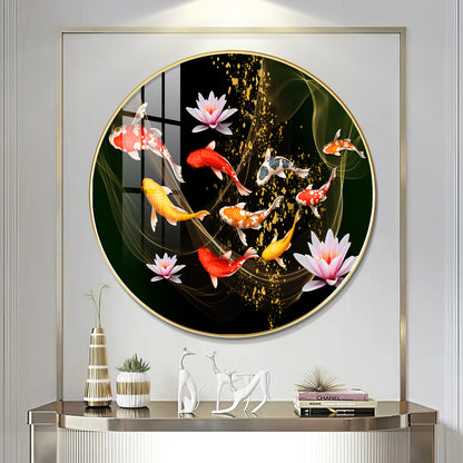Colorful Koi In Motion Premium Acrylic Round Wall Art