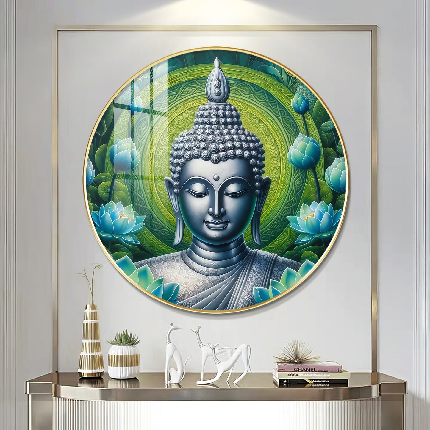 Sacred Buddha In Silver Premium Acrylic Round Wall Art