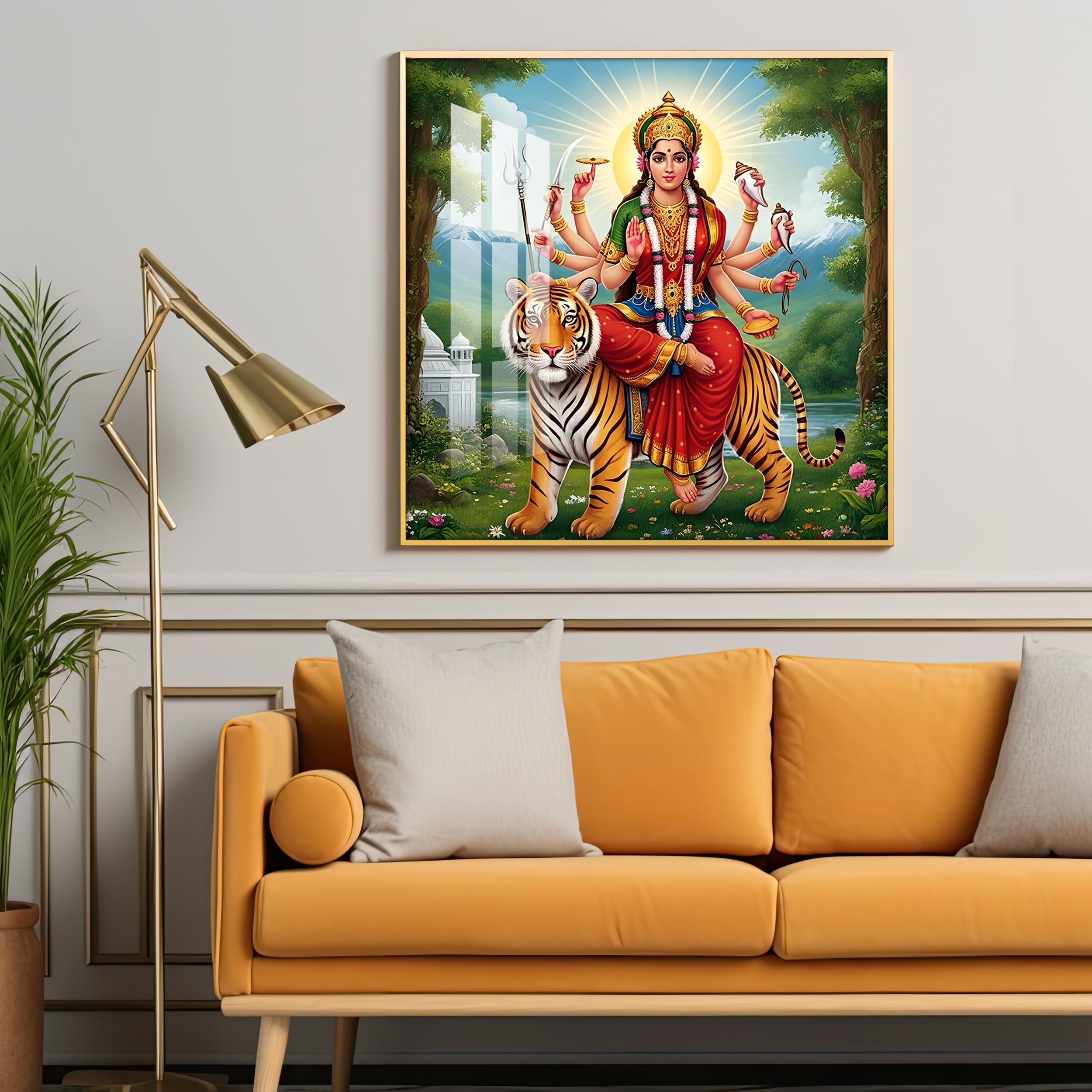 Hindu Goddess With Tiger Premium Acrylic Square Wall Art