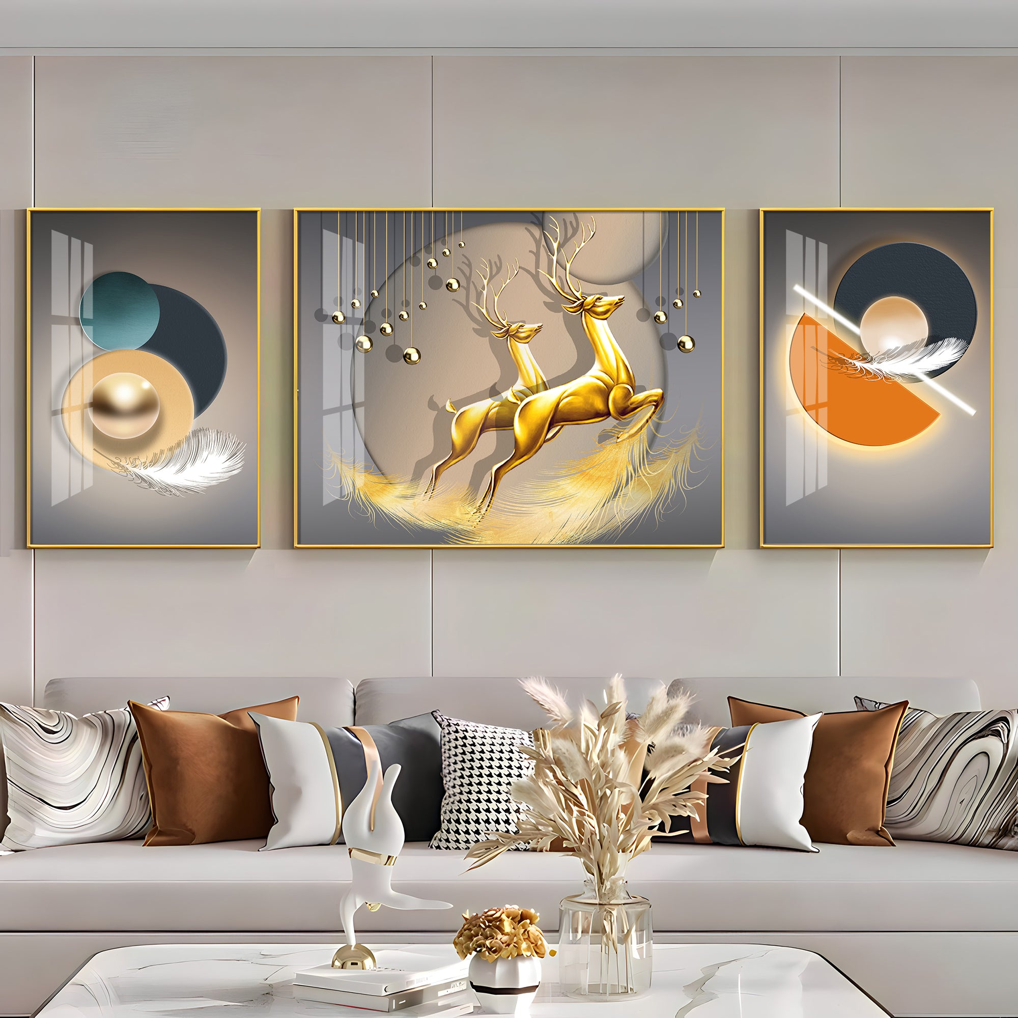 Golden Reindeer Premium Acrylic Wall Art (Set of 3)