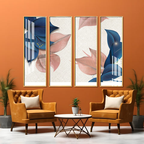 Blue & Peach Flowers Premium Acrylic Vertical Wall Art (set of 4)