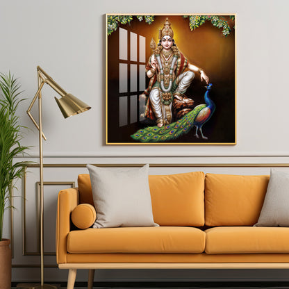 Lord Murugan With Peacock Premium Acrylic Square Wall Art