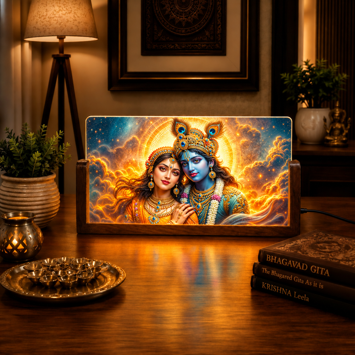 Divine Radha Krishna Acrylic LED Table Lamp - Wooden Stand