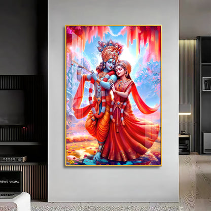 Beautiful Radha Krishna In Red Premium Acrylic Vertical Wall Art